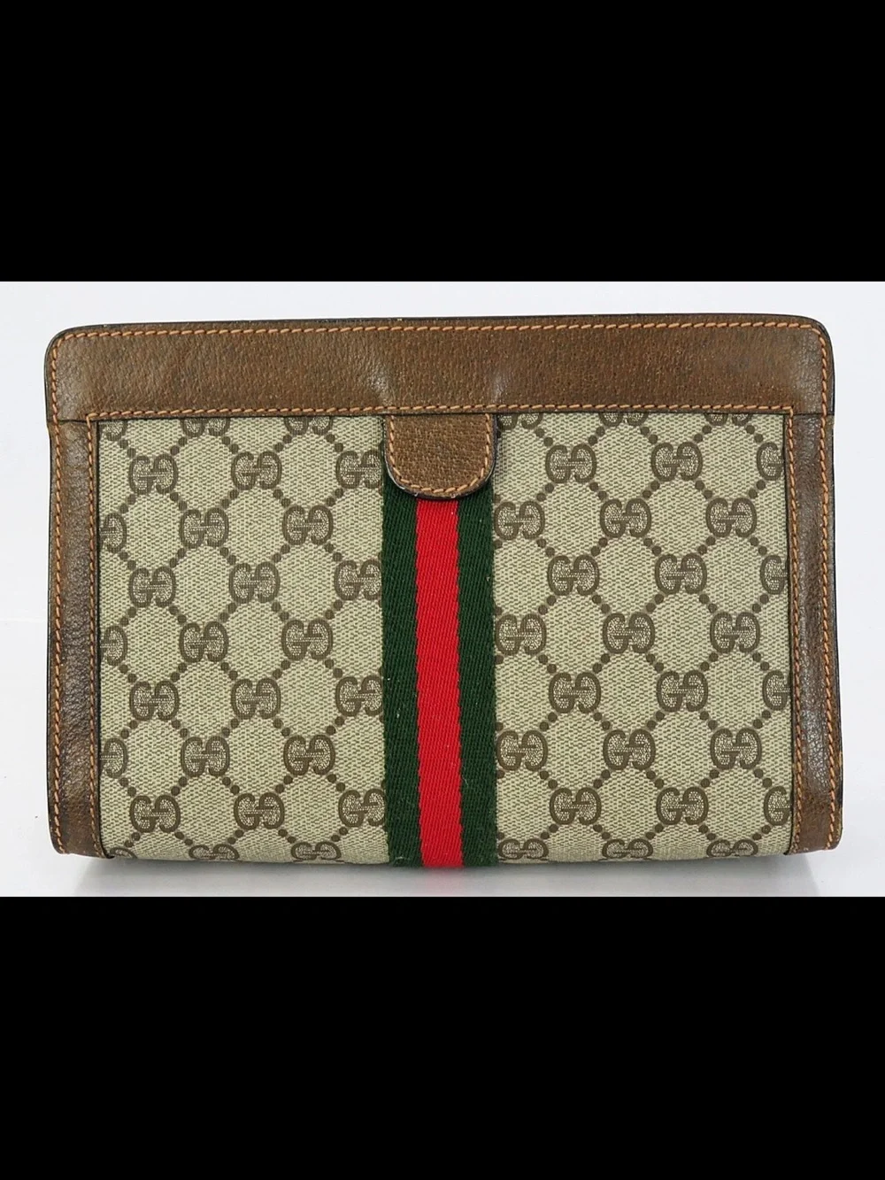 Gucci Beige GG Canvas Clutch with Green & Red Web Stripe